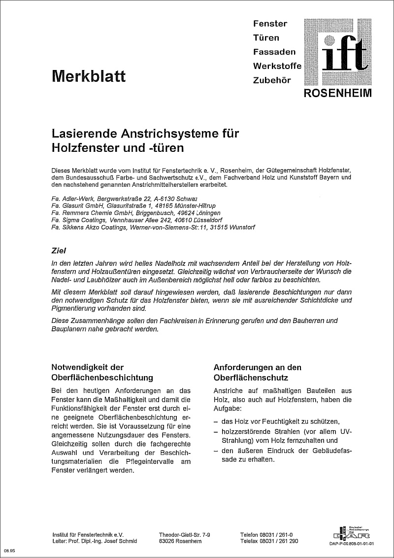 Merkblatt Lasierende Anstrichsysteme für Holzfenster und -türen